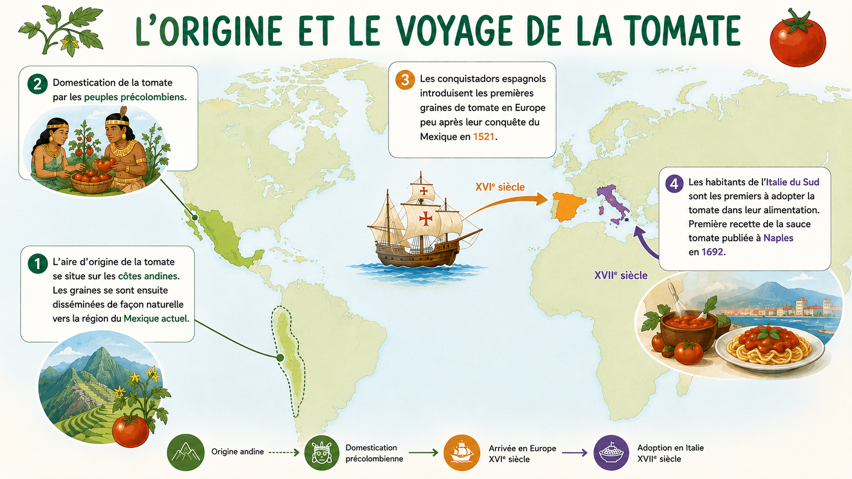 Infographie. Origine et diffusion de la tomate à travers les siècles © Agripédia NC / E. Bonnet-Vidal