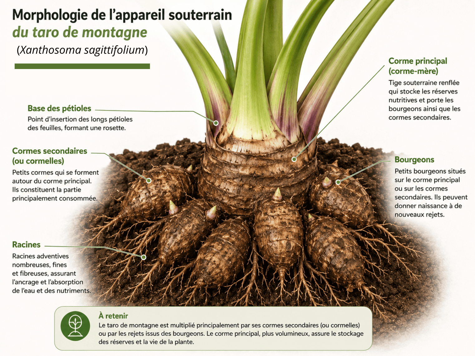 Morphologie de l'appareil souterrain du taro de montagne (Xanthosoma sagittifolium). Infographie réalisée d'après Schäfer (1999) © Agripédia NC.