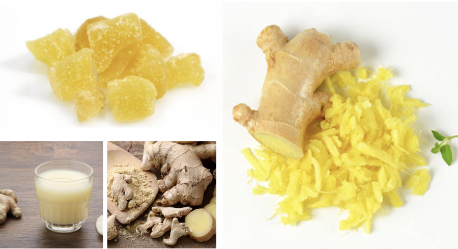 Différentes préparation du gingembre (râpé, moulu, confis, pressé en jus)
