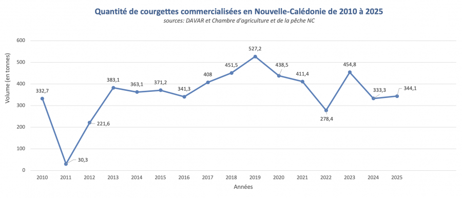 Graphique. Quantité de courgettes commercialisées en Nouvelle-Calédonie entre 2010 et 2025 (source DAVAR 2026)