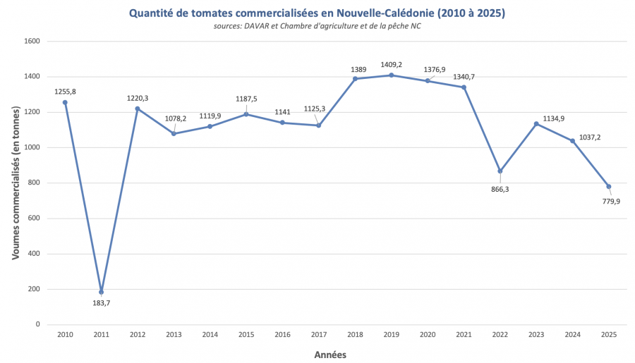 Graphique montrant les quantités de tomates commercialisées entre 2010 et 2025 © Agripédia NC
