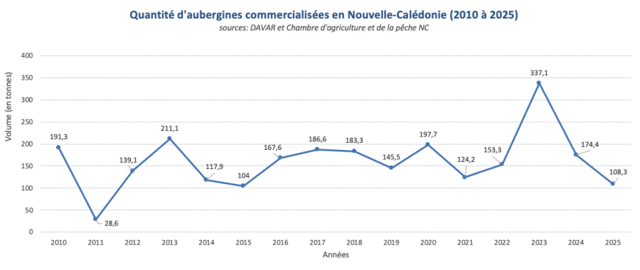 Volumes d'aubergines commercialisées en Nouvelle-Calédonie entre 2010 et 2025 (source : Davar 2026) © Agripédia NC
