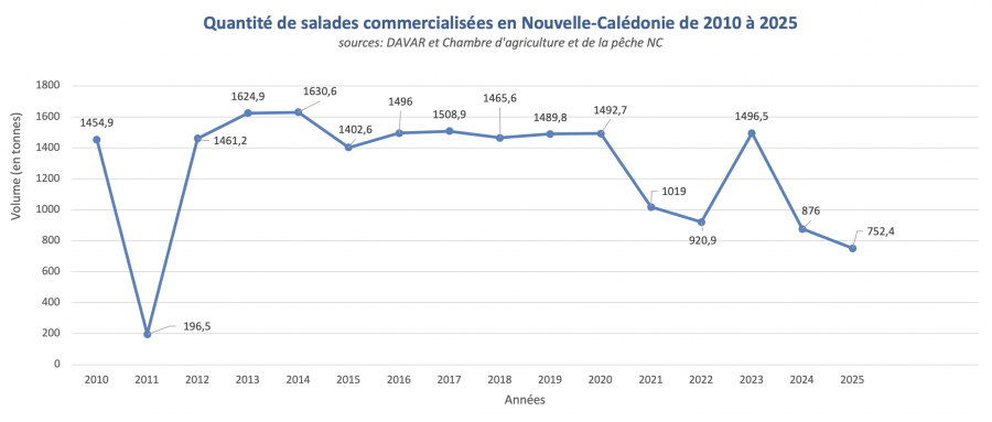 Graphique. Quantité de salades commercialisées en Nouvelle-Calédonie entre 2010 et 2025 (source DAVAR 2026)