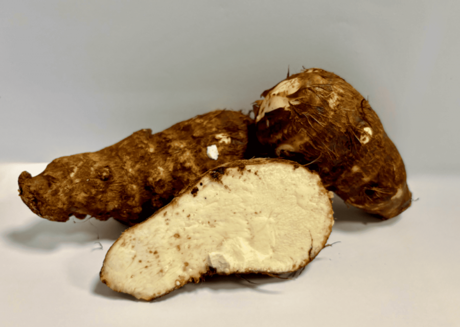 Cormes de taro de montagne (Xanthosoma sagittifolium) entiers et en coupe. © E. Bonnet-Vidal – Lincks / Agripédia NC