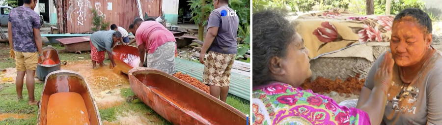 Usage traditionnel du curcuma à Futuna pour les soins cosmétiques et la protection de la peau. Captures d’écran du reportage « Le curcuma : l’or jaune de Futuna », diffusé sur La 1ère le 12 septembre 2025. © La 1ère.